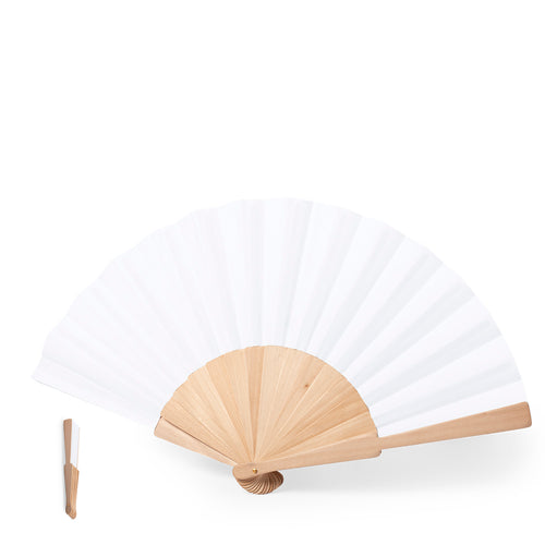 Nature line fan with wooden ribs and fabric in RPET material, obtained from recycled plastic materials, to encourage the reusing of plastic residues and contribute to the Earth’s sustainability - Woter Personalised