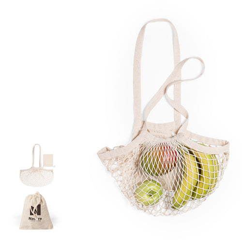 Big size, nature line mesh bag in raw color cotton, with small folding bag for printing -string closure- - Nacry Personalised
