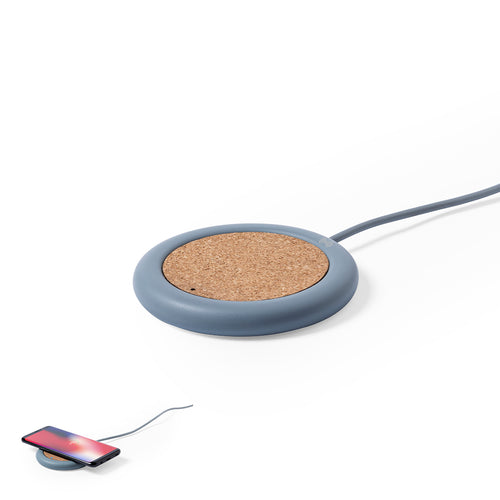 5W wireless charger of nature line and circular design, in combination of natural cork and limestone cement, a conglomerate formed by the mixture of natural materials, mainly ground limestone and water, obtaining a...