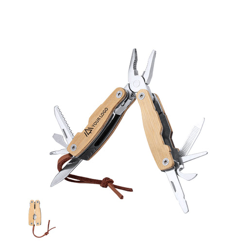 Multi-tool with resistant stainless steel body and bamboo handle, 12 functions - Folnax Personalised