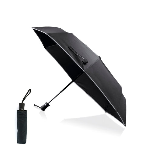 Folding umbrella by Antonio Miró with 8 panels and elegant design in black with white color piping - Telfox Personalised