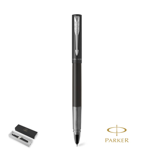 Parker roller pen Vector XL, made in polished stainless steel, enhanced with a chrome plated trim and the brand's iconic arrowhead clip on the cap Personalised