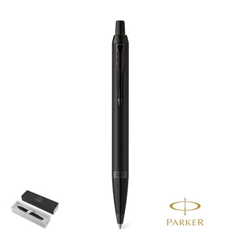 Parker ball pen IM Achromatic, made in stainless steel with matte black lacquer finish, push-button mechanism and blue ink Personalised