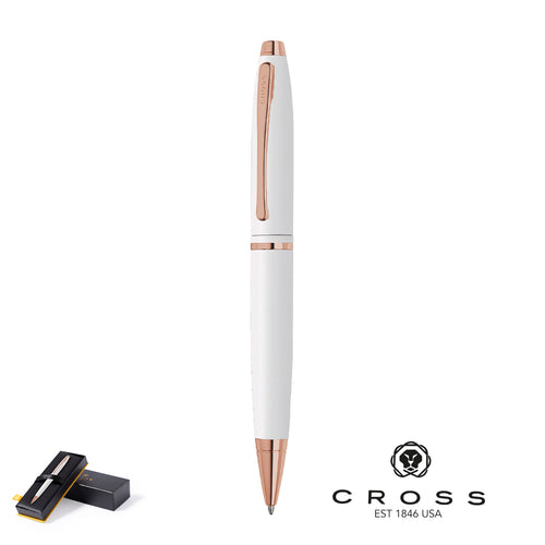 Cross pen with a retractable mechanism, distinguished two-tone design in white with elegant rose gold accents - Calais White Personalised